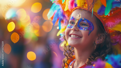 Festive banner with joyful child in carnival costume with colorful feather headdress and glitter makeup smiling at festive event. Generative AI 