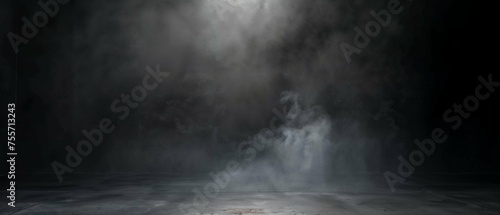 Mysterious dark room with cement walls and atmospheric smoke for dramatic product showcases
