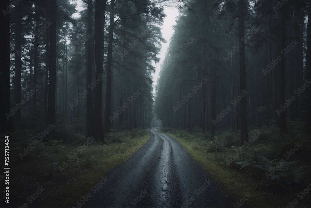 Fototapeta premium Dark Road Cutting Through Forest