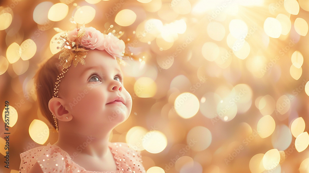 Portrait of a joyful toddler girl with a floral headband looking upwards in awe, against a sparkling golden bokeh background. Generative AI