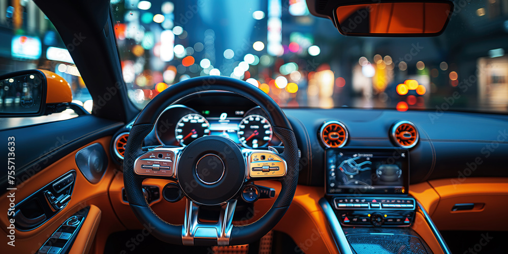 dashboard, steering wheel and speedometer in a luxury sports car close up. Interior salon of car on the driver point of view. Night city behind windshield - obrazy, fototapety, plakaty 