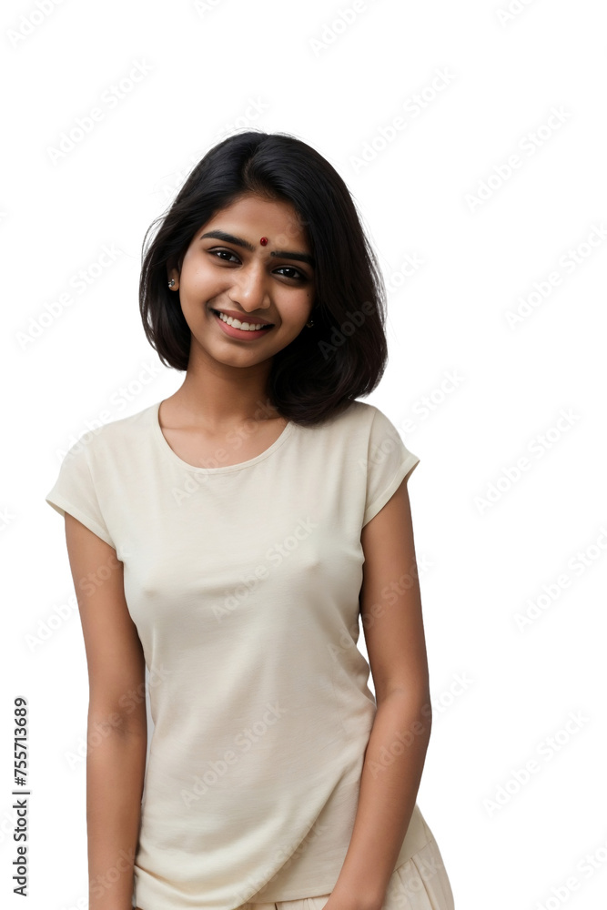Young Indian woman wearing casual clothes, smiling and looking at the camera, isolated, transparent background, no background. PNG. Young Indian woman wearing casual clothes, smiling and looking at the camera, isolated, transparent background, no background. PNG.