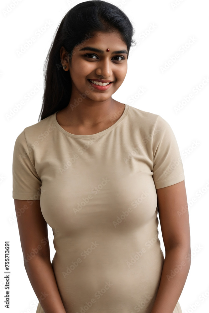 Fototapeta premium Young Indian woman wearing casual clothes, smiling and looking at the camera, isolated, transparent background, no background. PNG.