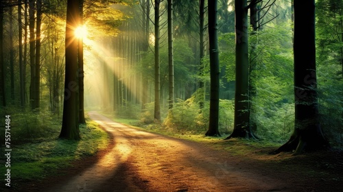A forest path is illuminated by the sun, creating a peaceful