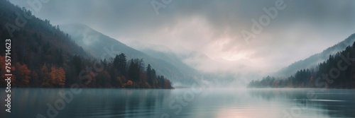 Foggy Mountain Lake Surrounded by Cloudy Sky