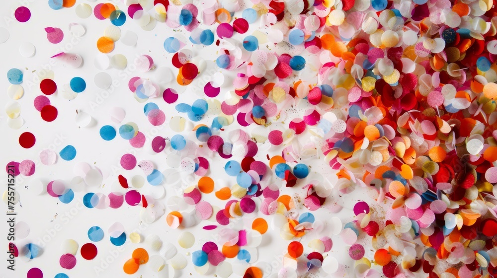 A colorful explosion of confetti is scattered across a white background. The confetti is in various shapes and sizes, creating a festive and celebratory atmosphere. Concept of joy and excitement.