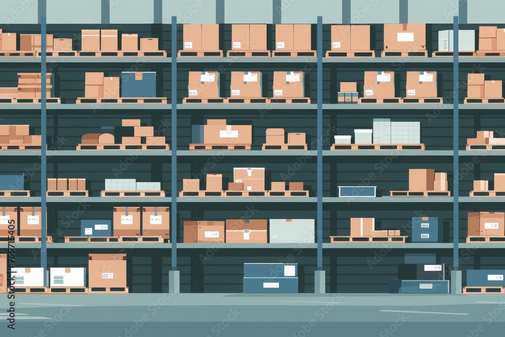 A large warehouse with numerous items. Rows of shelves with boxes. Logistics. Inventory control. order fulfillment or space optimization. Illustration for advertising. marketing or presentation. A large warehouse with numerous items. Rows of shelves with boxes. Logistics. Inventory control. order fulfillment or space optimization. Illustration for advertising. marketing or presentation.