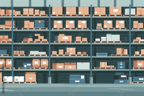 A large warehouse with numerous items. Rows of shelves with boxes. Logistics. Inventory control. order fulfillment or space optimization. Illustration for advertising. marketing or presentation.