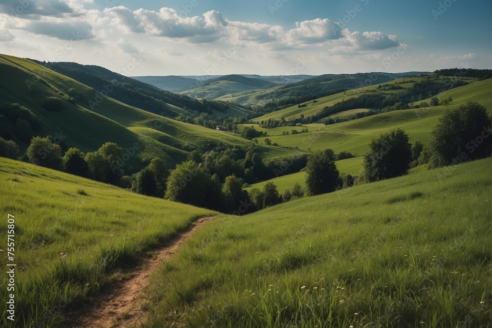 Fototapeta premium Winding Path Through Lush Green Valley