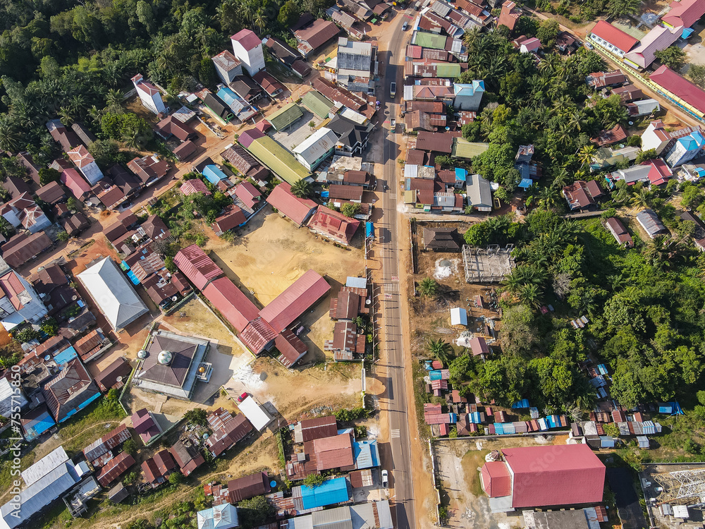 Settlement center in a rural area in East Kotawaringin Regency, Central Kalimantan seen from an aerial view.