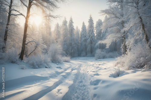 Path Through Snow Covered Forest With Trees