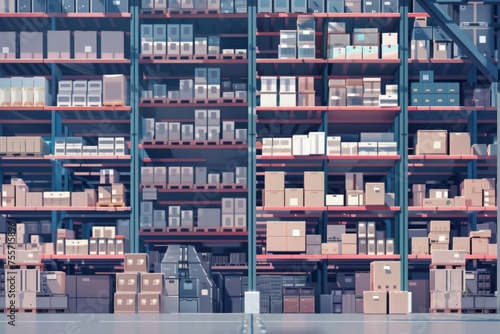 A large warehouse with numerous items. Rows of shelves with boxes. Logistics. Inventory control. order fulfillment or space optimization. Illustration for advertising. marketing or presentation.