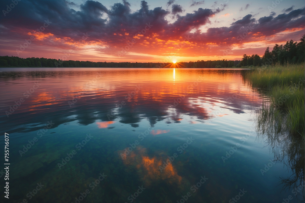 Vibrant Sunset Over Serene Lake With Reflecting Sky Vibrant Sunset Over Serene Lake With Reflecting Sky