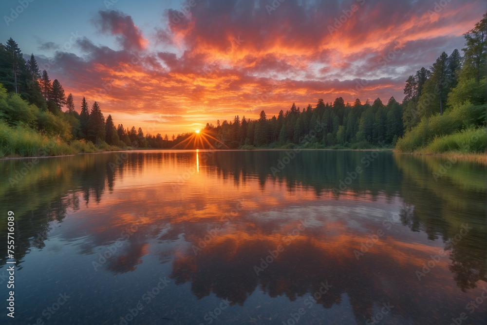 Stunning Sunset Over Lake With Background Trees Stunning Sunset Over Lake With Background Trees