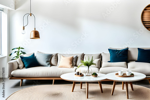 Round white coffee table against white sofa. Scandinavian home interior design of modern living room.