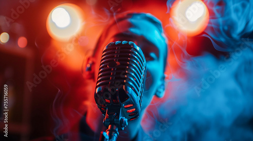 Closeup of a vocalist with a retro microphone jazz club vibes smoky background neon lights