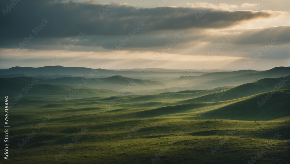 Rolling hills and fog create a misty landscape at sunrise Rolling hills and fog create a misty landscape at sunrise