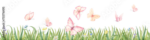 Watercolor vector floral border with pink butterflies and green grass. Design...