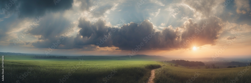 Fototapeta premium Green Field With Clouds in the Sky