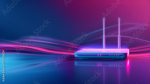 modern white router for home Internet and television networks, online communication on a bright neon digital background with a gradient of blue and pink colors and copy space