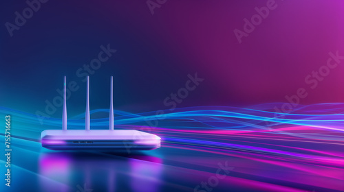 modern white router for home Internet and television networks, online communication on a bright neon digital background with a gradient of blue and pink colors and copy space