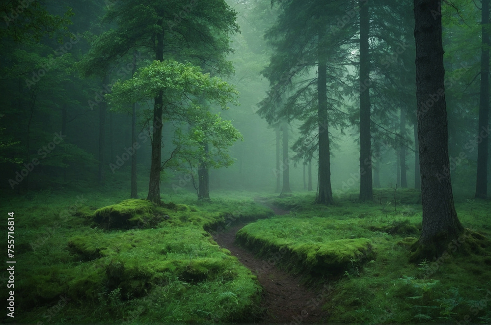 Fototapeta premium A Serene Morning Path Through The Misty Green Forest