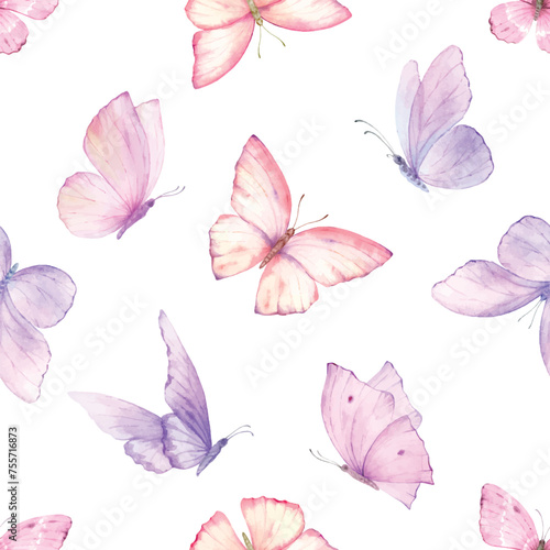 Pink violet butterflies seamless pattern. Watercolor vector repeating print. ...