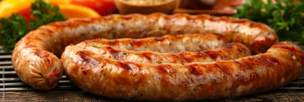 Grilled sausage feast on a tidy table, with golden sausages showcased in realistic food photography. Grilled sausage feast on a tidy table, with golden sausages showcased in realistic food photography.