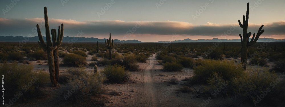 A Desert Road at Sunset With Saguaro Cacti in Arizona A Desert Road at Sunset With Saguaro Cacti in Arizona