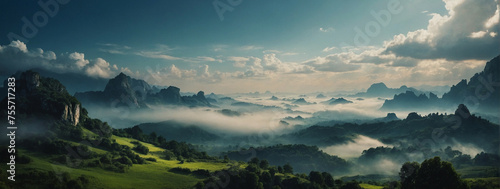 A Misty Mountain Landscape in a Fantasy World