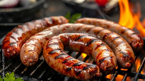 Sumptuous barbecue dinner with perfectly grilled sausages on clean table, realistic food photography