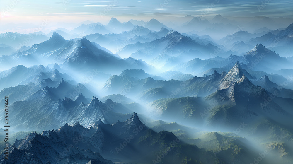 Ethereal sunrise view over a vast mountain range with mist weaving through the valleys. for Laptop wallpaper.