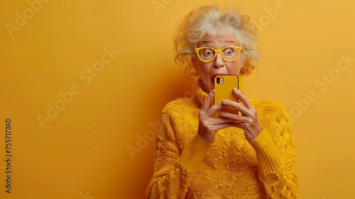 elderly woman Staring at the phone Image of her surprise as she contemplates whether to watch a shocking video or explore a tempting offer. The scene is set against a bright yellow background.
