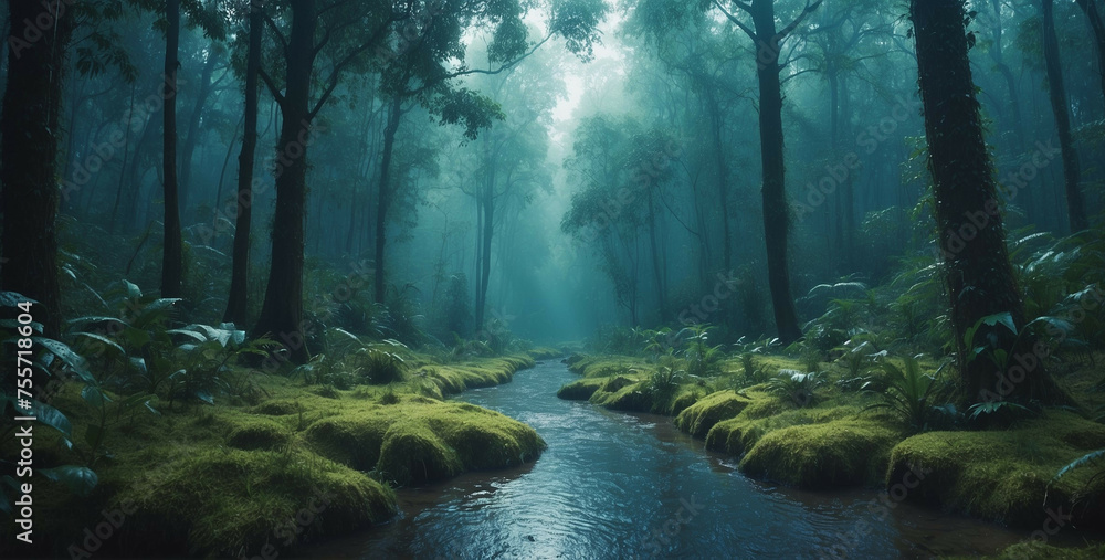 Stream Flowing Through Lush Green Forest Stream Flowing Through Lush Green Forest