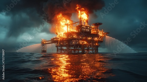 Dramatic Oil Rig Fire At Sea.