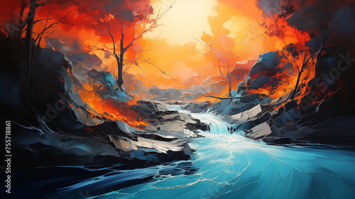 Abstract painting of a river cutting through a fiery landscape under a sunset, merging warmth with cool tones.