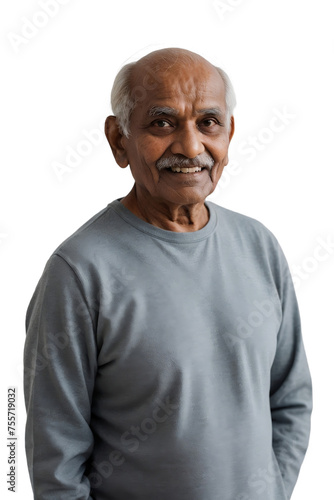 Aged Indian man wearing casual clothes, smiling and looking at the camera, isolated, transparent background, no background. PNG.