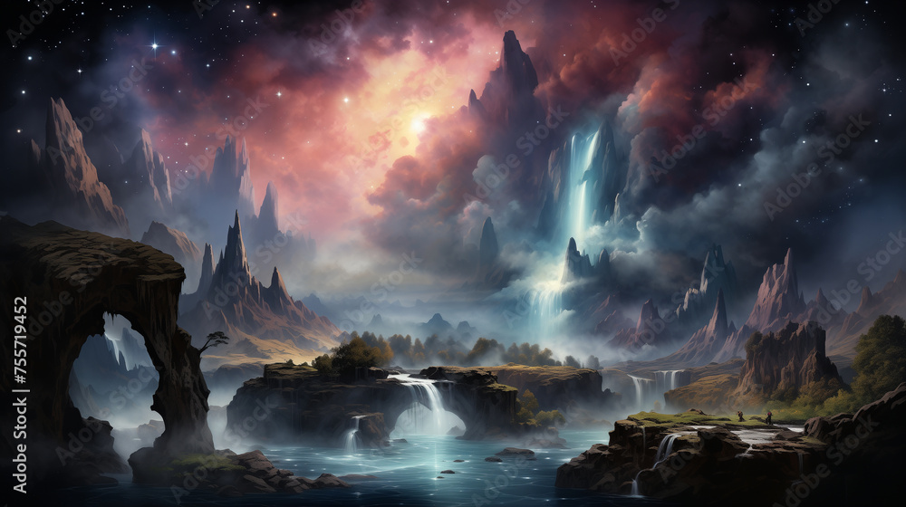 A whimsical watercolor painting of fantasy landscape, majestic waterfalls cascade between towering cliffs, all under a vast starry sky that merges with the warm glow of cosmic clouds.