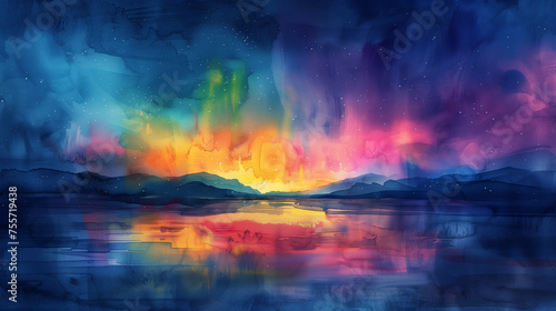A watercolor painting of the Aurora Borealis dances in the sky  painting it with vibrant strokes above a tranquil mountain lake as dusk settles into night.