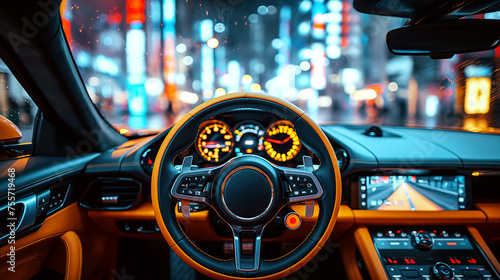 point of view from the driver of car. Steering wheel, speedometer and dashboard in a luxury sports car with a view of city at night