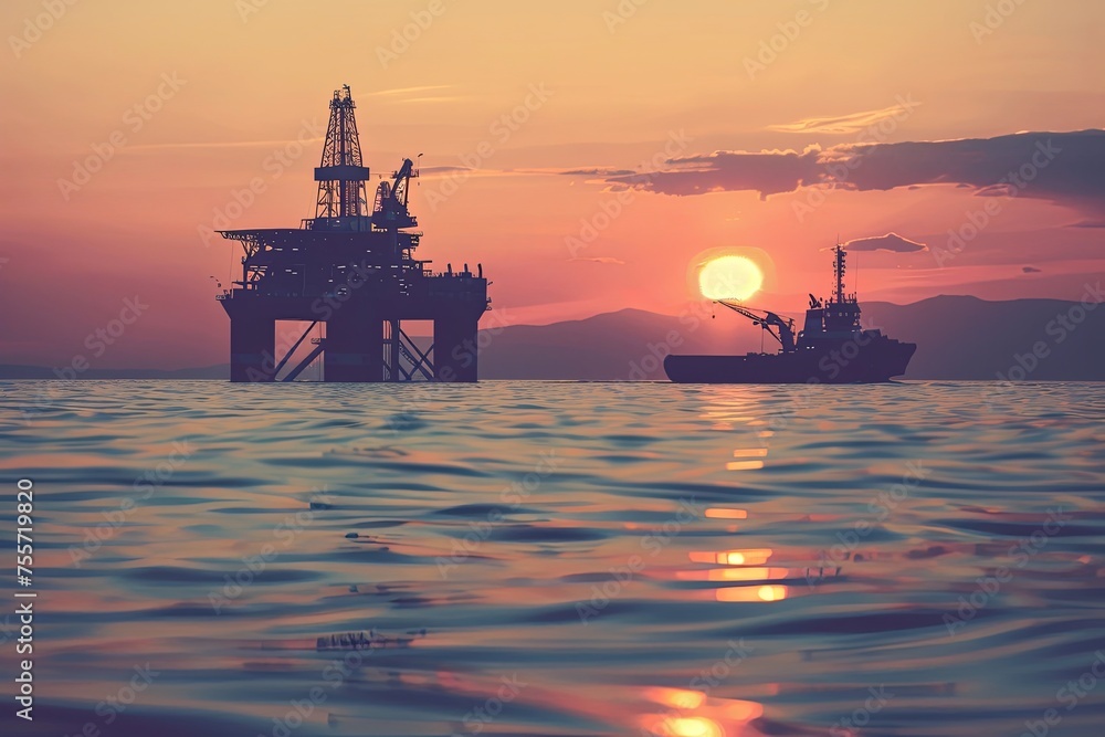 Oil platform in the sea at sunset with a working boat in the background