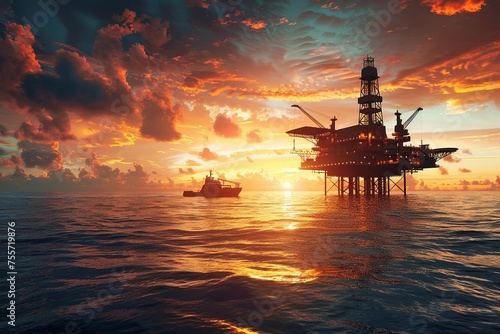 Oil platform in the sea at sunset with a working boat in the background