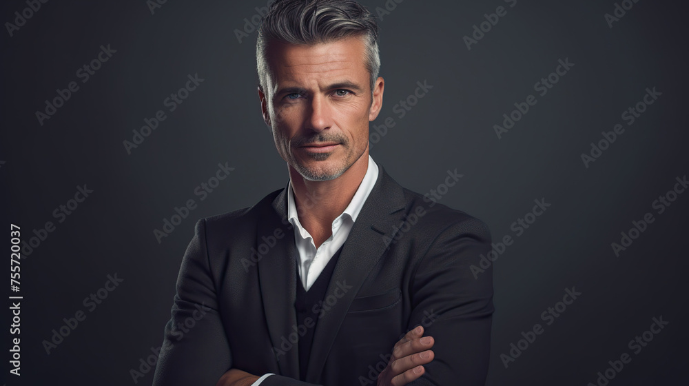 A stylish young professional man with a well-groomed beard, dressed in a sleek black suit, crisp white shirt, and a classic black tie, posing confidently against a modern gray backdrop. A stylish young professional man with a well-groomed beard, dressed in a sleek black suit, crisp white shirt, and a classic black tie, posing confidently against a modern gray backdrop.