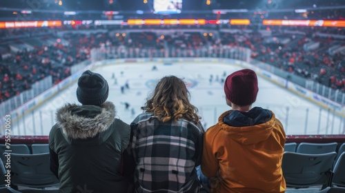 Perspective on hockey stadium. Back view of three people fans watching live game. Tribunes full of people