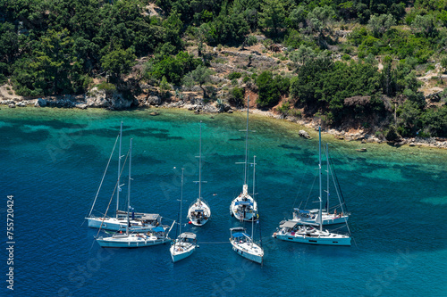 Various yachts at the Polis beach in Ithaka island  Greece in summer
