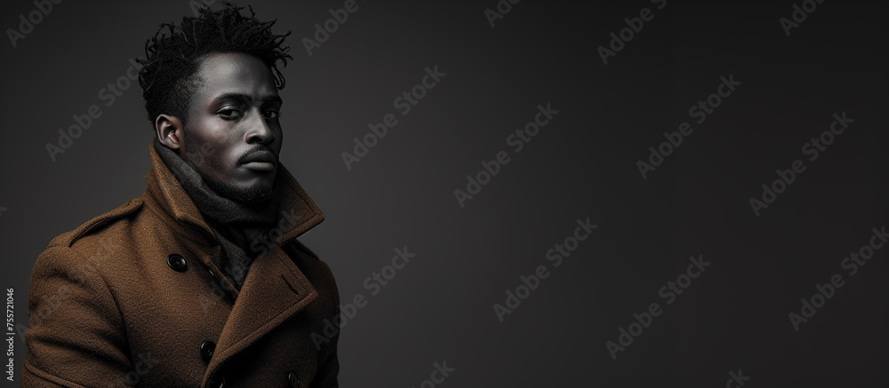 Obraz premium Close-up portrait of a young handsome man, an African-American in stylish fashionable clothes. Studio monochrome photo, banner with copy space