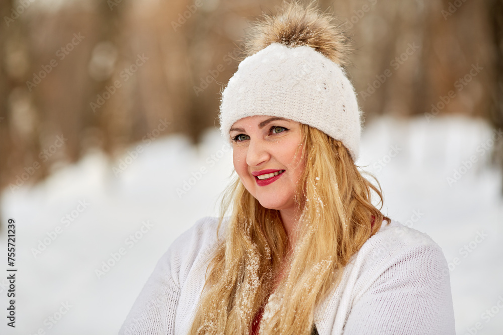 Portrait of young smiling woman with face covered by water droplets after melted snowflakes Portrait of young smiling woman with face covered by water droplets after melted snowflakes