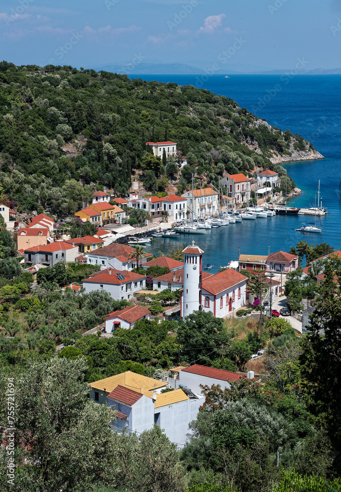 Obraz premium View of the village of Kioni in Ithaka island, Greece in summer