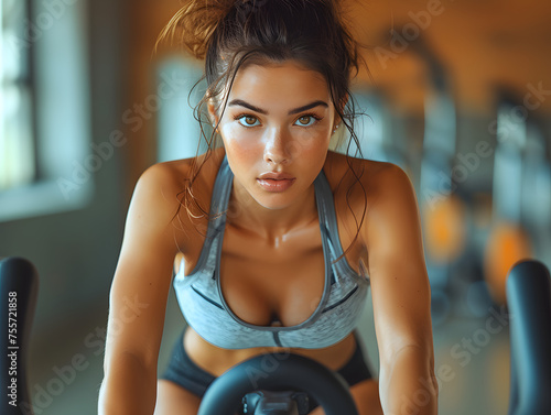 Determined young woman exercising on a gym machine. Fitness and health concept. Design for gym advertisement, workout motivation poster, and sportswear promotion