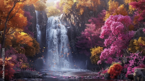Fantasy waterfall with autumn trees and beautiful flowers